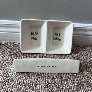 Rae Dunn Work Hard Play Harder Trinket Dish and Desk Plaque